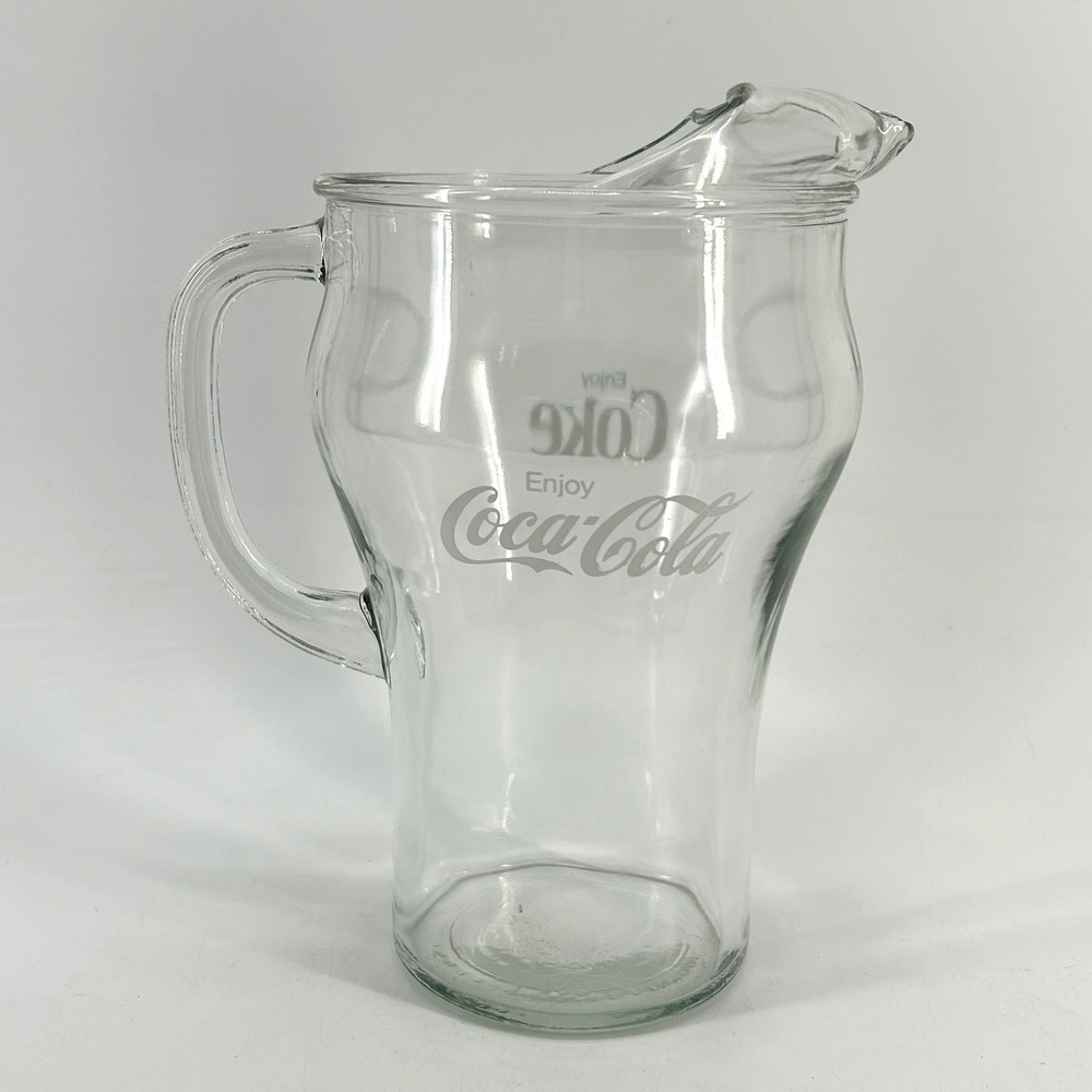 Vintage Coca-Cola Clear Glass Pitcher 64oz with Ice Lip Enjoy Coke Logo 9 Inch